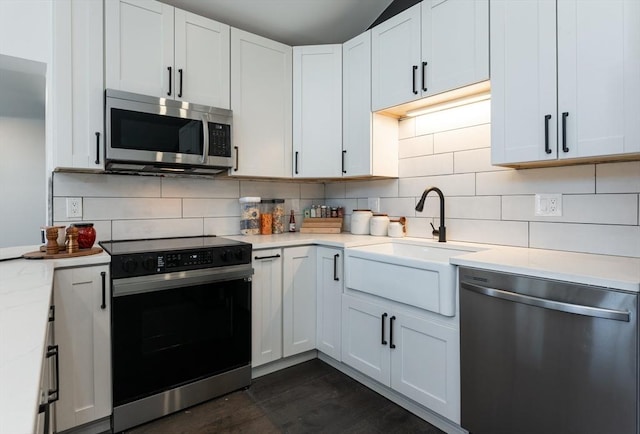 kitchen featuring sink, dark hardwood / wood-style flooring, stainless steel appliances, decorative backsplash, and white cabinets