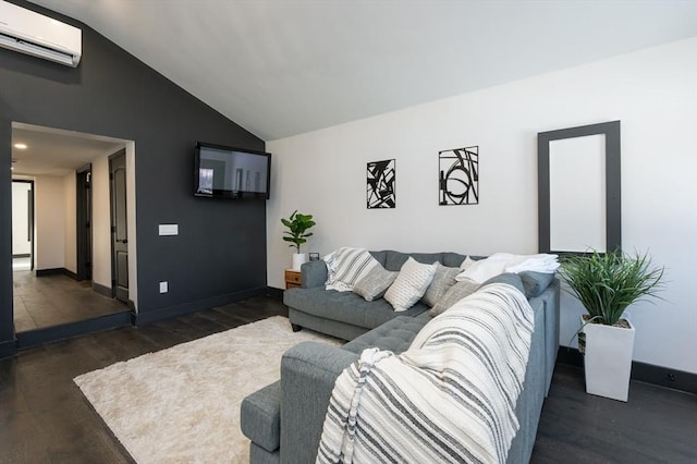 living room featuring lofted ceiling, dark wood-type flooring, and an AC wall unit