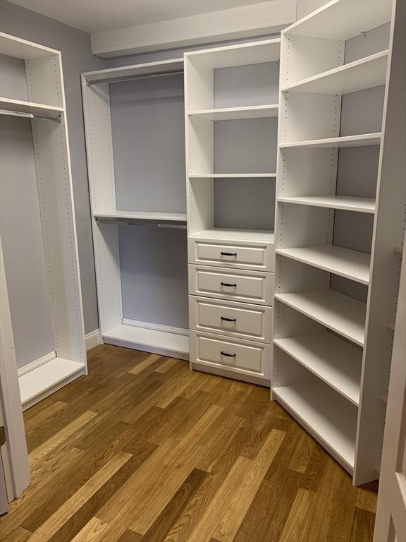 walk in closet with dark wood-style floors