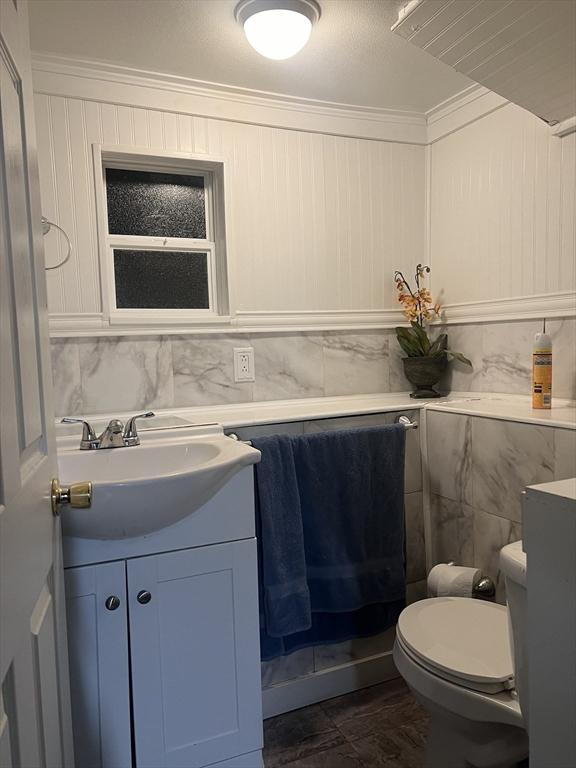 bathroom with vanity, tile walls, and toilet