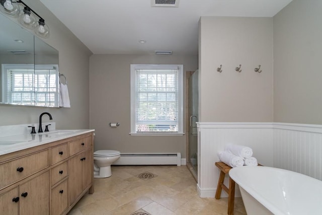 full bath with a baseboard heating unit, vanity, a stall shower, a wainscoted wall, and a soaking tub