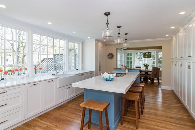 kitchen featuring crown molding, a breakfast bar area, a sink, and light wood-type flooring