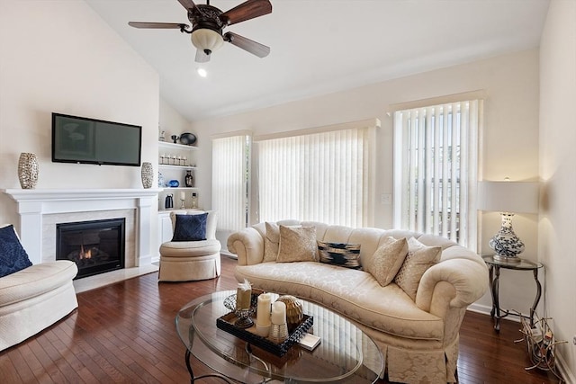 123 Skyline Dr Unit 123, Acton, MA 01720 - living area with lofted ceiling, dark wood-style flooring, ceiling fan, a premium fireplace, and built in features