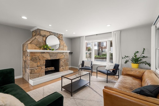 21 Glenley Ter, Boston, MA 02135 - living room featuring wood finished floors, recessed lighting, and a fireplace