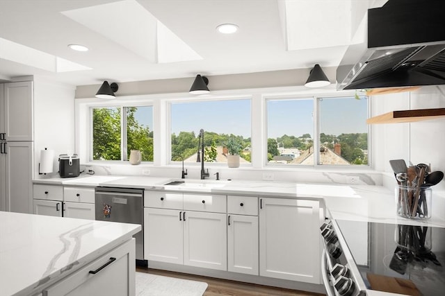 21 Glenley Ter, Boston, MA 02135 - kitchen with range, extractor fan, dishwasher, light stone counters, and open shelves
