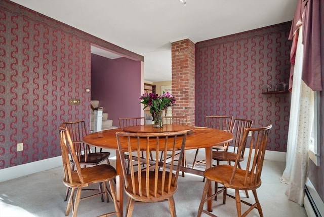 41 Bulkley, Williamstown, MA 01267 - carpeted dining space with wallpapered walls, a baseboard radiator, and baseboards