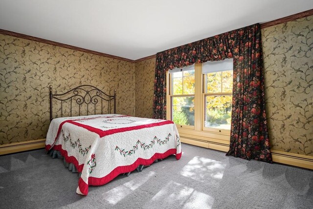41 Bulkley, Williamstown, MA 01267 - carpeted bedroom featuring a baseboard radiator, wallpapered walls, crown molding, and baseboards