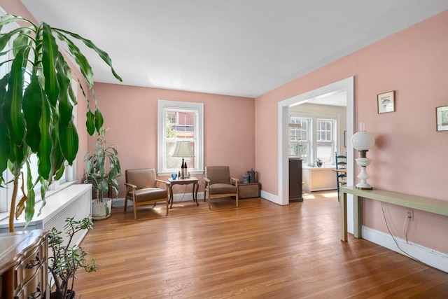 sitting room featuring baseboards and light wood-type flooring