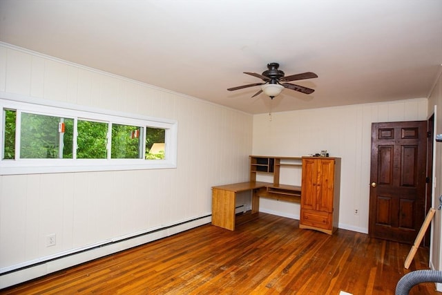 166 Fairview Ave, Rehoboth, MA 02769 - unfurnished bedroom featuring crown molding, dark wood-style floors, a baseboard radiator, a ceiling fan, and baseboard heating