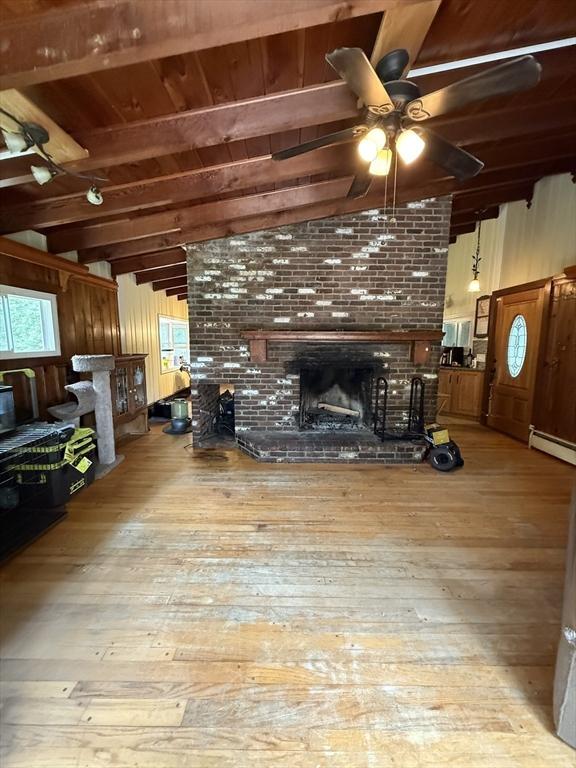166 Fairview Ave, Rehoboth, MA 02769 - living room featuring wood ceiling, ceiling fan, baseboard heating, a fireplace, and hardwood / wood-style floors