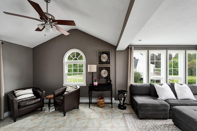 7 Perkins Row, Topsfield, MA 01983 - living area with a baseboard heating unit, a ceiling fan, and lofted ceiling