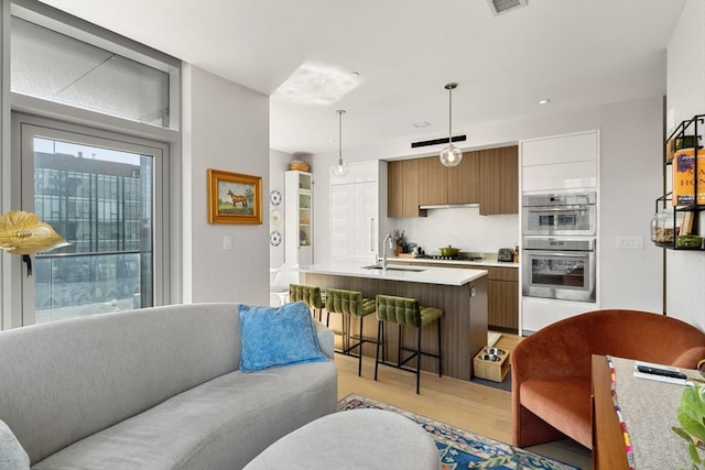 living room with light wood-type flooring and sink