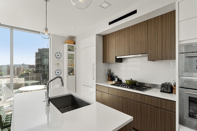 kitchen featuring pendant lighting, sink, ventilation hood, and appliances with stainless steel finishes