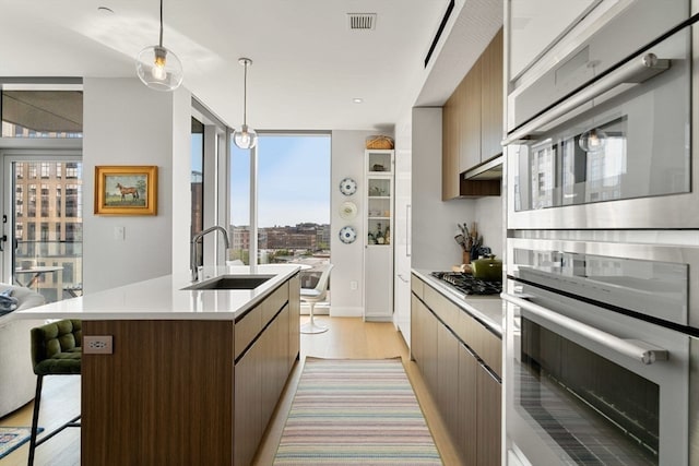 kitchen with decorative light fixtures, light wood-type flooring, stainless steel appliances, sink, and a kitchen island with sink