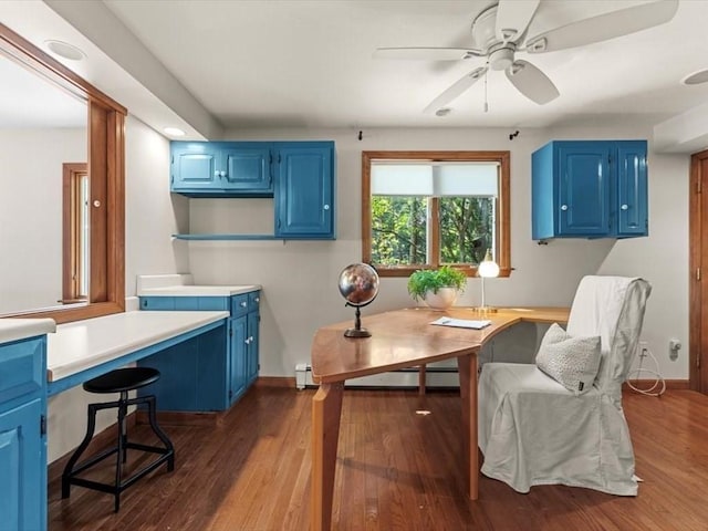 91 Lake Shore Dr, West Brookfield, MA 01585 - office with a baseboard radiator, dark wood finished floors, ceiling fan, baseboards, and recessed lighting