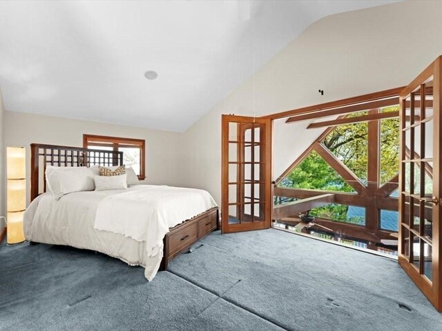 91 Lake Shore Dr, West Brookfield, MA 01585 - carpeted bedroom featuring vaulted ceiling and french doors