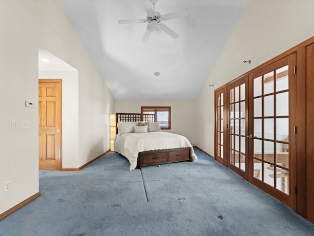 91 Lake Shore Dr, West Brookfield, MA 01585 - carpeted bedroom featuring lofted ceiling, french doors, baseboards, and ceiling fan