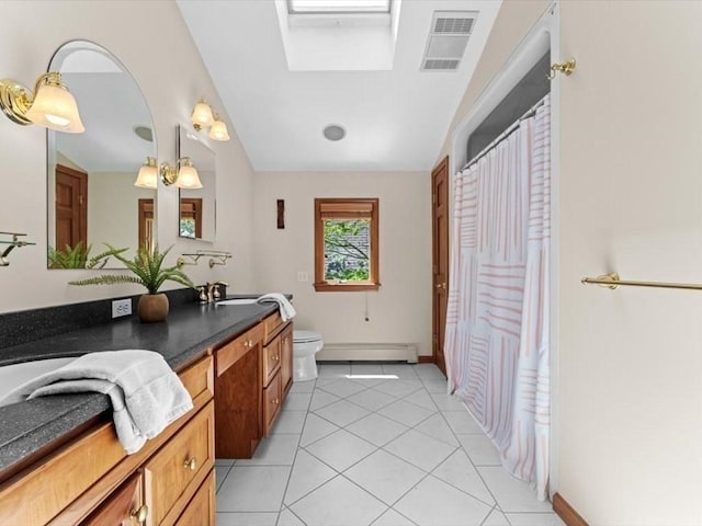 91 Lake Shore Dr, West Brookfield, MA 01585 - bathroom featuring toilet, a baseboard radiator, double vanity, lofted ceiling, and tile patterned floors