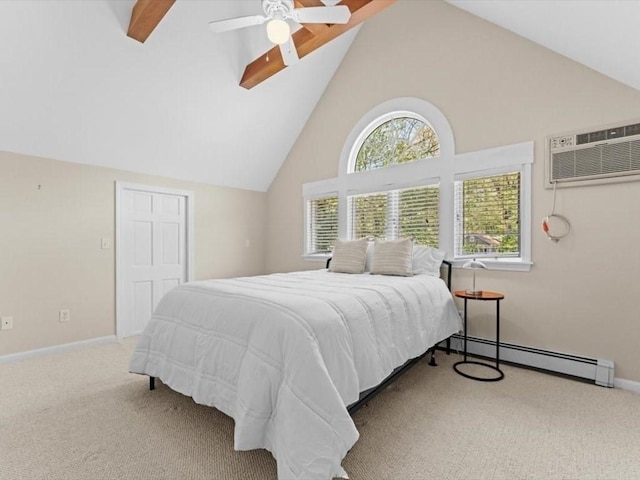 91 Lake Shore Dr, West Brookfield, MA 01585 - bedroom featuring a baseboard heating unit, a wall mounted AC, carpet flooring, baseboards, and high vaulted ceiling