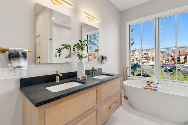 bathroom featuring vanity and a tub