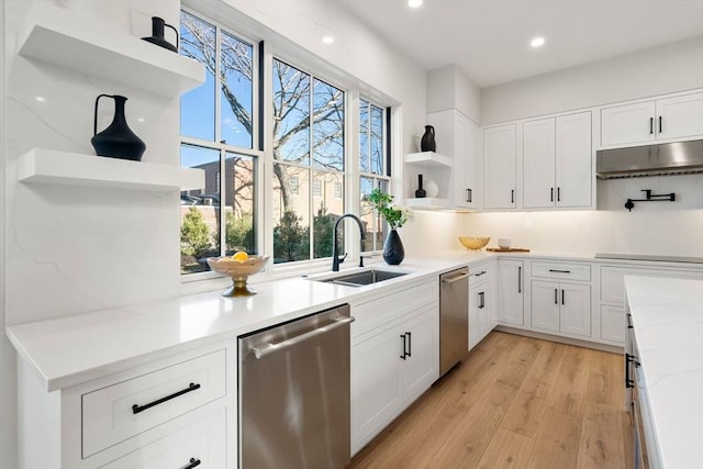 kitchen with light hardwood / wood-style flooring, white cabinetry, stainless steel dishwasher, and sink