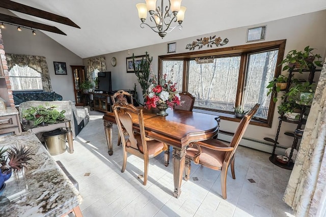 dining space with a notable chandelier, vaulted ceiling with beams, a healthy amount of sunlight, and light tile patterned floors