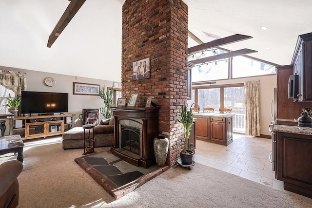 tiled living room with beamed ceiling and high vaulted ceiling