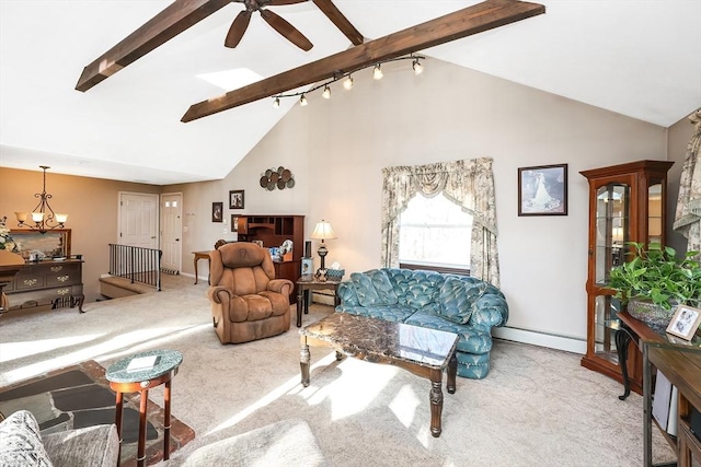 carpeted living room featuring beamed ceiling, high vaulted ceiling, baseboard heating, and ceiling fan