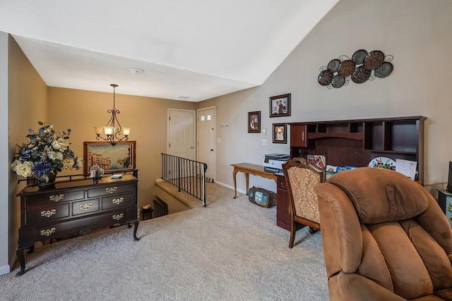 carpeted living room with an inviting chandelier