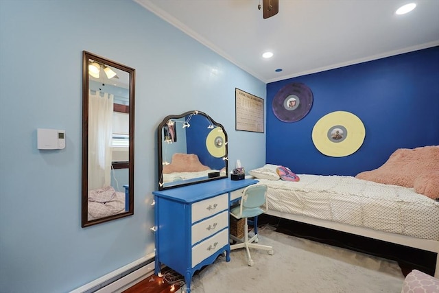 5 Tucker Park, Pepperell, MA 01463 - bedroom with a baseboard heating unit, crown molding, carpet floors, recessed lighting, and ceiling fan