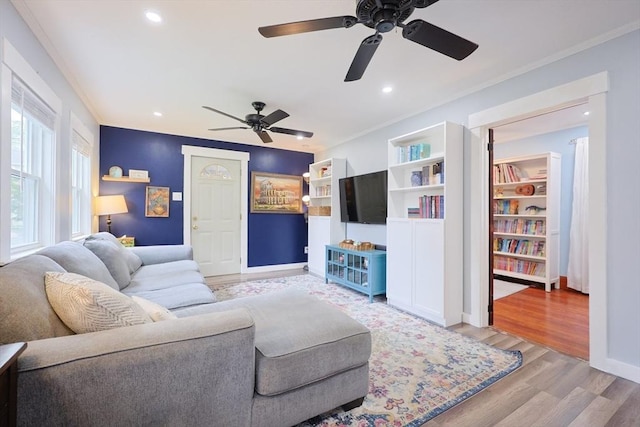 5 Tucker Park, Pepperell, MA 01463 - living area featuring ornamental molding, ceiling fan, wood finished floors, and recessed lighting