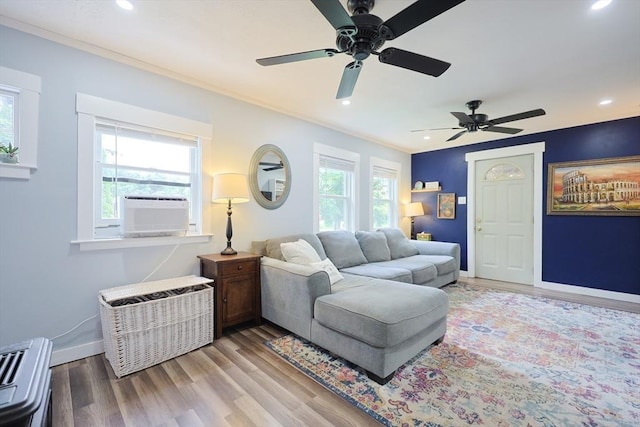 5 Tucker Park, Pepperell, MA 01463 - living room with cooling unit, a ceiling fan, crown molding, wood finished floors, and recessed lighting