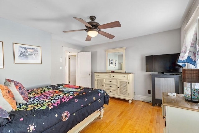 bedroom featuring light wood-type flooring and ceiling fan