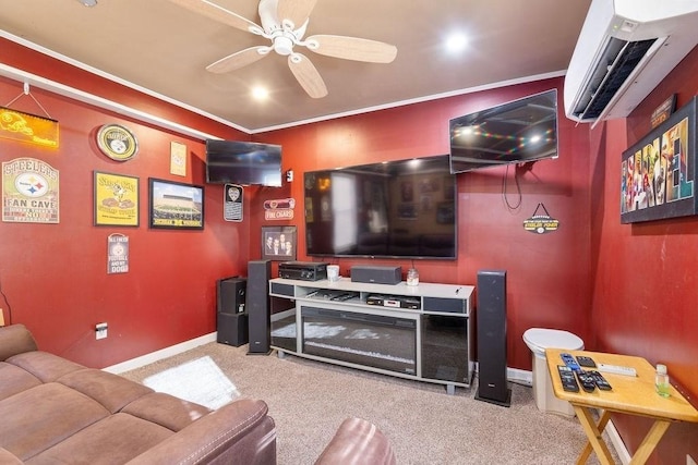 carpeted living room featuring crown molding, ceiling fan, and a wall unit AC