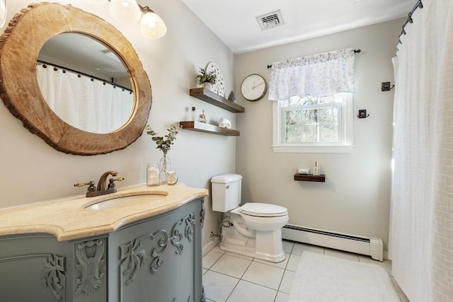 bathroom with a baseboard radiator, tile patterned floors, toilet, and vanity