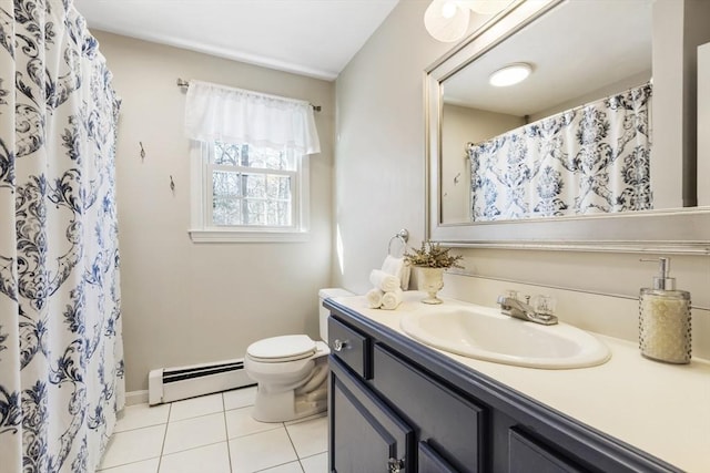 bathroom with walk in shower, toilet, a baseboard radiator, vanity, and tile patterned flooring