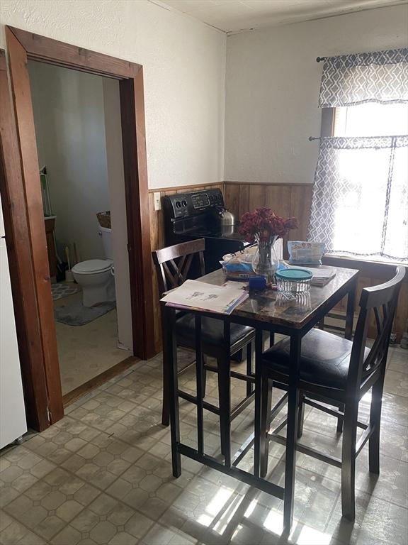 dining area with wainscoting and wood walls