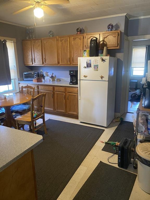 kitchen with freestanding refrigerator, ornamental molding, plenty of natural light, a ceiling fan, and light countertops