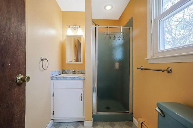 bathroom with plenty of natural light, a shower stall, vanity, and toilet