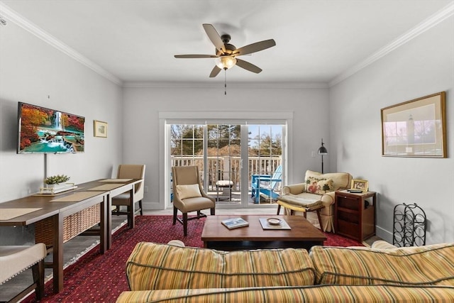 carpeted living room with crown molding and ceiling fan