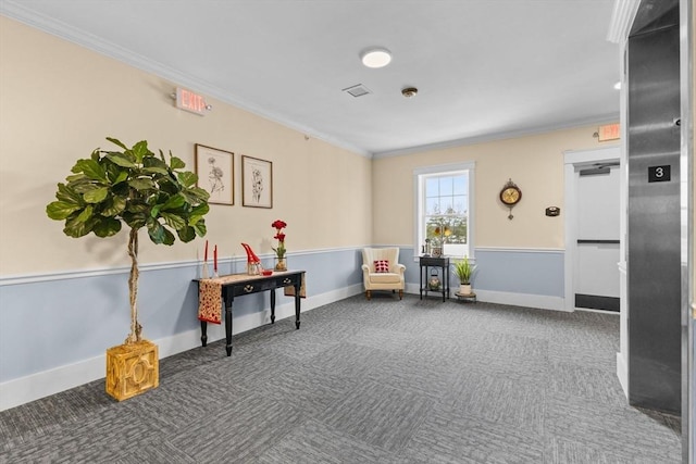 interior space featuring crown molding and carpet flooring