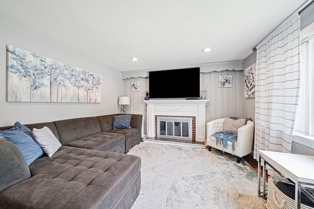 864 Front St, Weymouth, MA 02190 - living area featuring a fireplace, recessed lighting, and wood finished floors