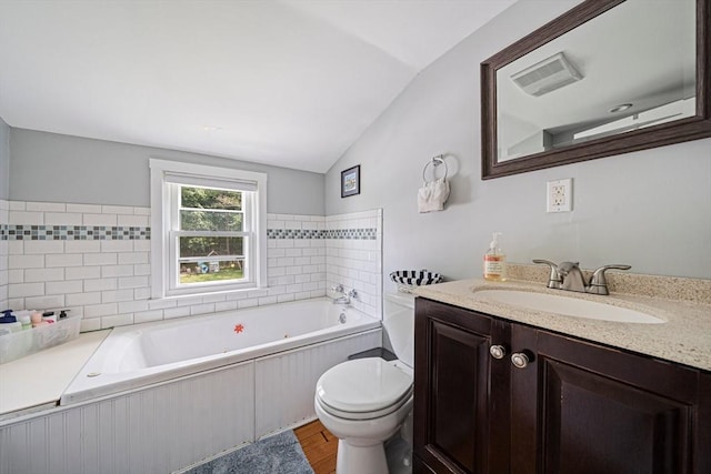 864 Front St, Weymouth, MA 02190 - full bathroom featuring vaulted ceiling, toilet, a tub with jets, wood finished floors, and vanity