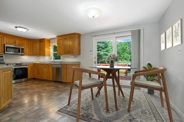 kitchen with sink, stainless steel appliances, and a textured ceiling