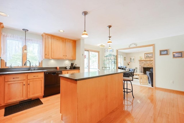 kitchen with dark countertops, a wealth of natural light, light wood finished floors, and dishwasher