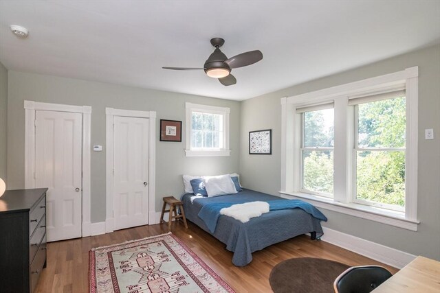 75 Lyman Rd, Northampton, MA 01060 - bedroom featuring wood finished floors, multiple closets, baseboards, and ceiling fan