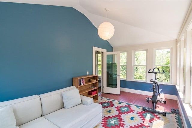 75 Lyman Rd, Northampton, MA 01060 - exercise area with vaulted ceiling, wood finished floors, and baseboards