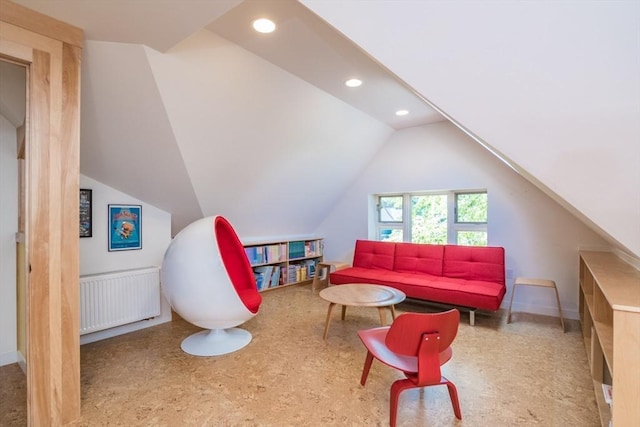75 Lyman Rd, Northampton, MA 01060 - rec room featuring radiator, recessed lighting, vaulted ceiling, and baseboards
