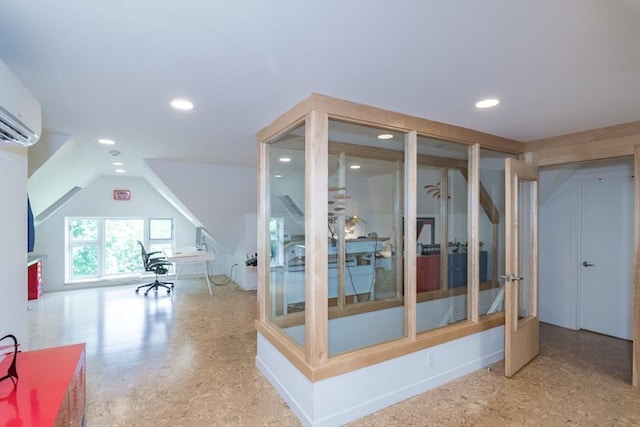 75 Lyman Rd, Northampton, MA 01060 - interior space featuring recessed lighting, an office area, vaulted ceiling, french doors, and a wall mounted air conditioner