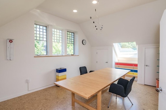 75 Lyman Rd, Northampton, MA 01060 - dining room with vaulted ceiling, a skylight, a desk, recessed lighting, and baseboards